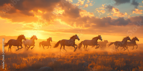 Wild Horses Galloping Through Sunset Field
