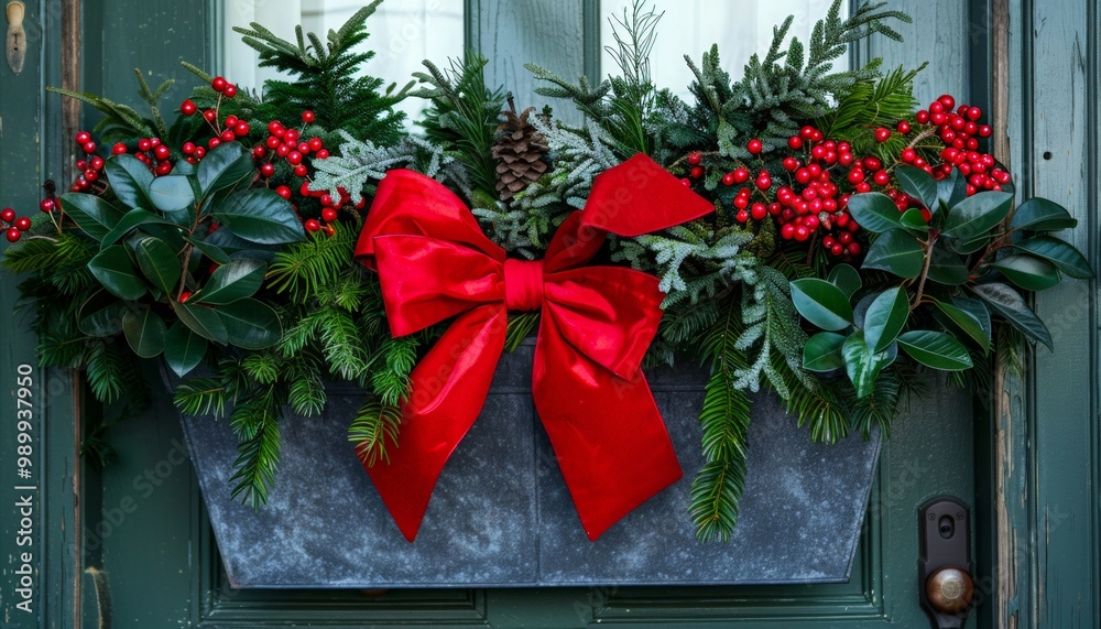 planter with fresh evergreen branches and top with a large red bow for a very simple yet elegant front door decoration. festive Christmas decoration with a large red bow hangs on a green front door. planter with fresh evergreen branches and top with a large red bow for a very simple yet elegant front door decoration. festive Christmas decoration with a large red bow hangs on a green front door.