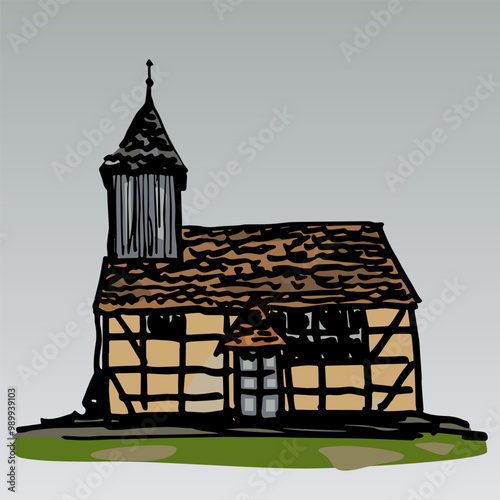 Church in Klempenow, Breest, Germany. Historical timber framing structure. Hand drawn colorful sketch.