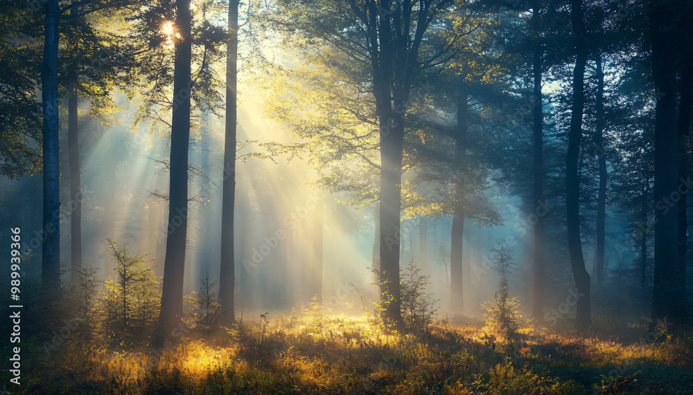 Obraz premium Tall, misty trees with sunlight streaming through the branches, creating a magical and mysterious forest atmosphere
