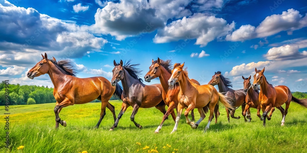 Joyful Horses Playing Together in a Lush Green Meadow Under a Bright Blue Sky Joyful Horses Playing Together in a Lush Green Meadow Under a Bright Blue Sky