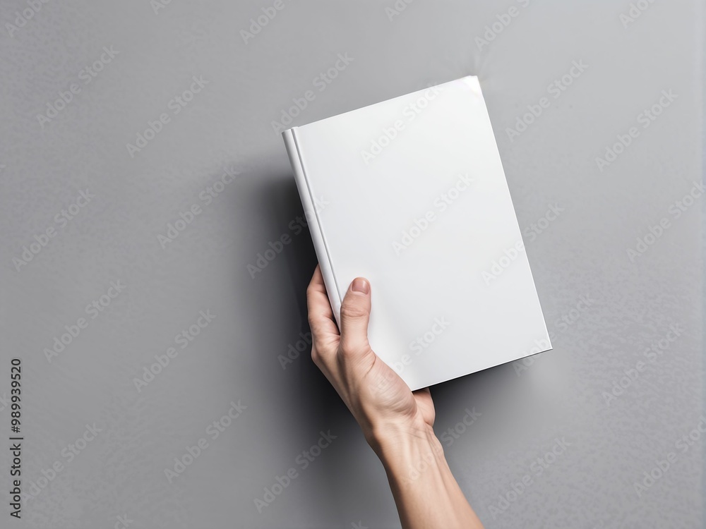 White blank empty book mockup in hand on gray banner, background, copy space White blank empty book mockup in hand on gray banner, background, copy space