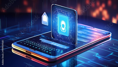 Wallpaper Mural A futuristic smartphone displaying a security lock icon, emphasizing advanced technology and cybersecurity. Torontodigital.ca