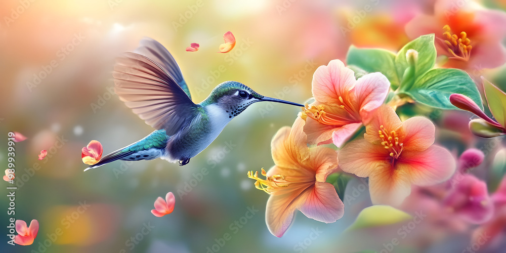 Hummingbird hovering near vibrant flower Hummingbird hovering near vibrant flower