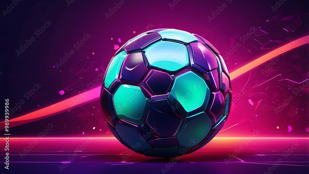 Naklejka premium Neon Glow Football Championship, Abstract Soccer Ball on a Neon Background