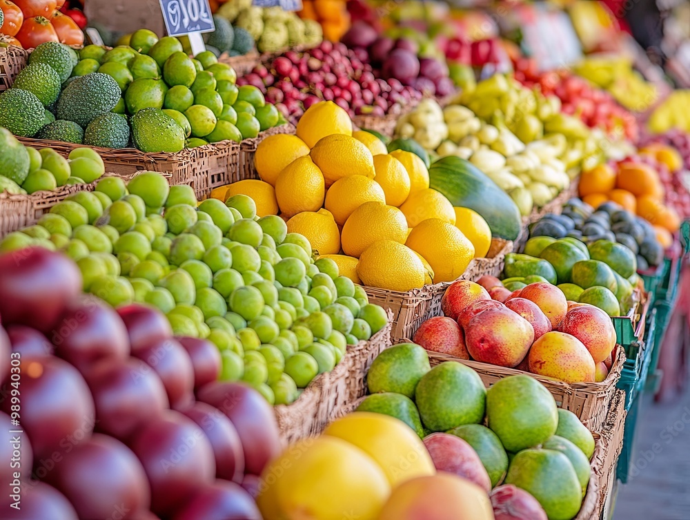 A colorful display of fruits and vegetables at a market A colorful display of fruits and vegetables at a market