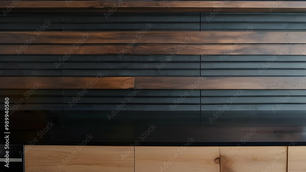 Black stone surface with stylish wood panel wall, perfect for luxury product presentations in beauty or bar themes. Black stone surface with stylish wood panel wall, perfect for luxury product presentations in beauty or bar themes.