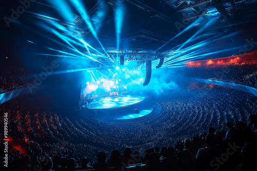A Panoramic View of a Wide Event Stage Fully Illuminated with Spotlights and Lasers, Setting the Scene for a Spectacular Show