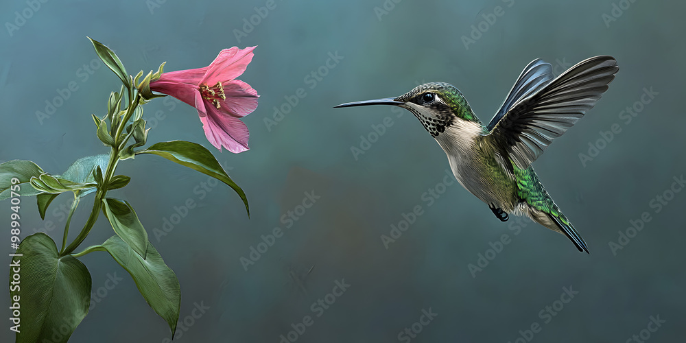 Fototapeta premium Hummingbird hovering near pink flower