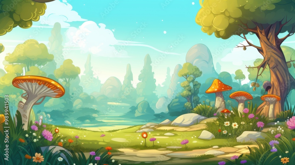 Fototapeta premium Enchanted Forest with Brightly Colored Mushrooms and Flowers