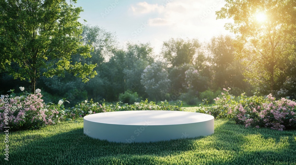 Beautiful 3D rendering of a white podium on a green lawn with bushes, trees and beautiful sky as a backdrop. Perfect for product display, helping in various media design.