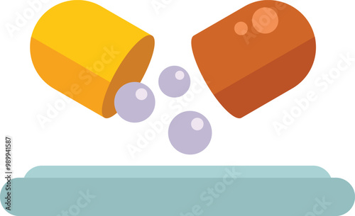 Open yellow and brown pill capsule releasing tiny white balls on a surface
