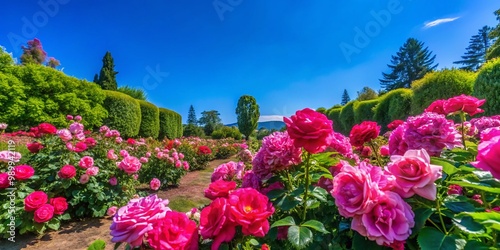 Lush Pink Rose Garden in Full Bloom with Vibrant Green Foliage Under Clear Blue Sky Background