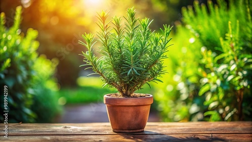 Lush Rosemary Tree Plant in a Decorative Pot Surrounded by Natural Light and Greenery Background