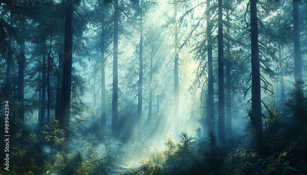 Fototapeta premium Tall, misty trees with sunlight streaming through the branches, creating a magical and mysterious forest atmosphere