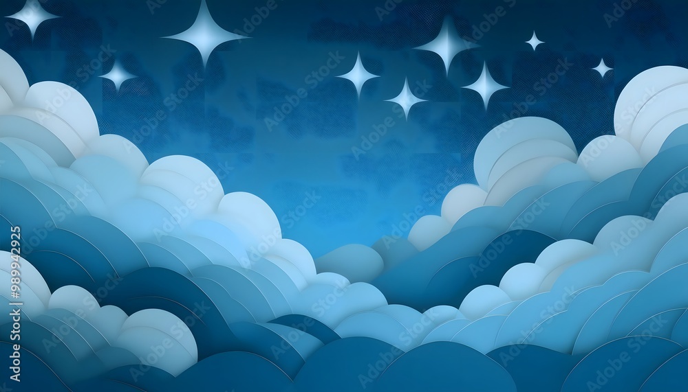 The sky background is filled with pastel fluffy clouds in a paper layer format. The sky background is filled with pastel fluffy clouds in a paper layer format.