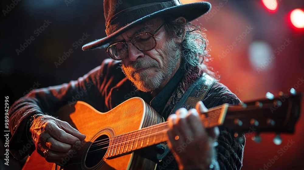 Obraz premium guitarist strumming an acoustic guitar in a live stage performance showcasing the skills of a famous guitar player under the spotlight as the audience enjoys the musical talent and artistry
