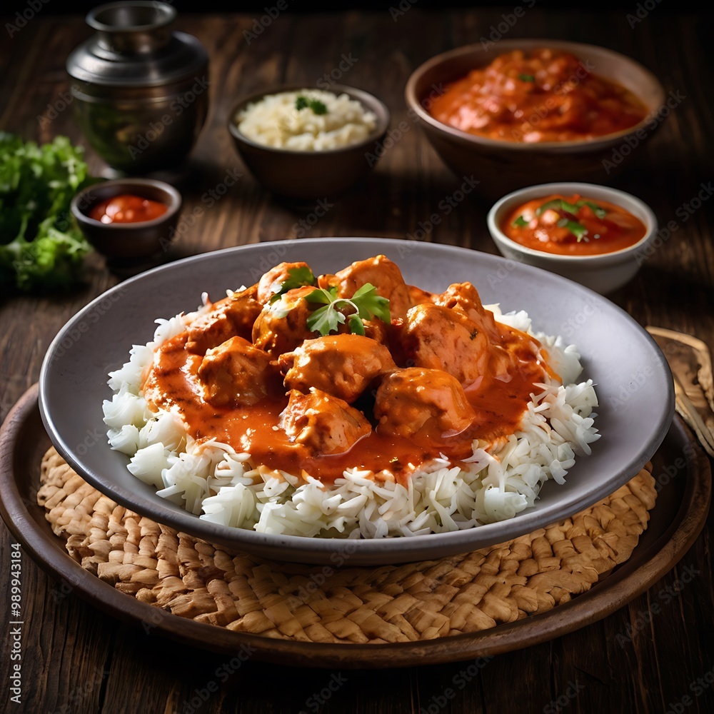 Delicious juicy tasty butter chicken dish well cooked with Tomato sauce with some vegetable served, traditional butter chicken, tasty butter chicken curry dish Delicious juicy tasty butter chicken dish well cooked with Tomato sauce with some vegetable served, traditional butter chicken, tasty butter chicken curry dish