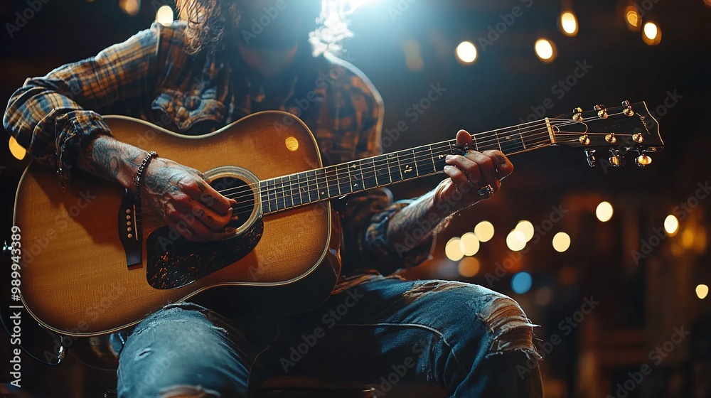 Obraz premium guitarist strumming an acoustic guitar in a live stage performance showcasing the skills of a famous guitar player under the spotlight as the audience enjoys the musical talent and artistry