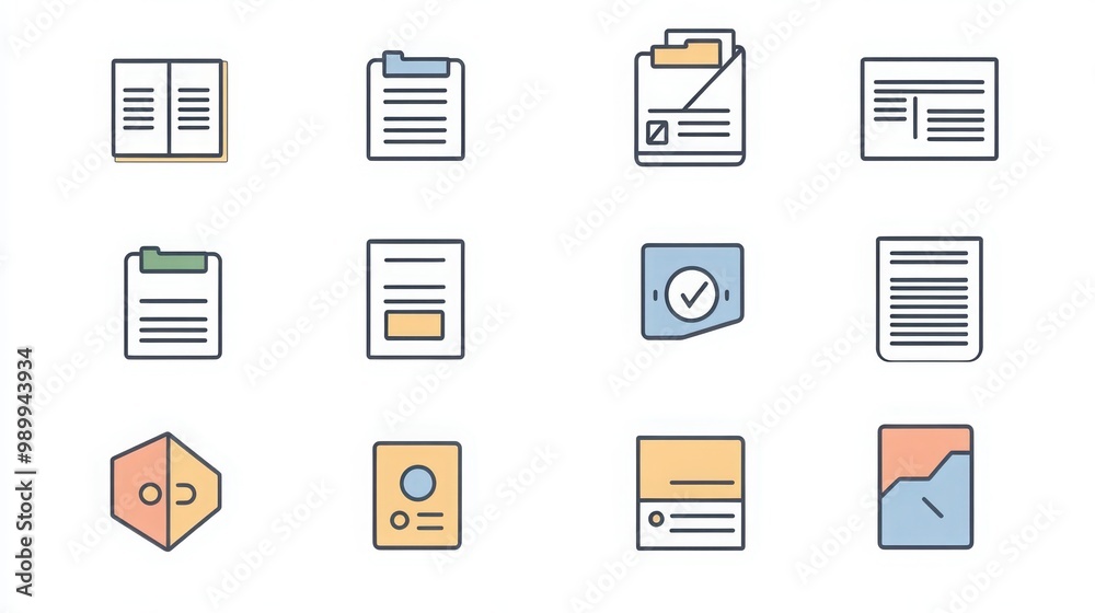 Document thin line icon set. Containing file folder, document with chart, envelope with document, signed contract, scanned document, clipboard with checklist Document thin line icon set. Containing file folder, document with chart, envelope with document, signed contract, scanned document, clipboard with checklist