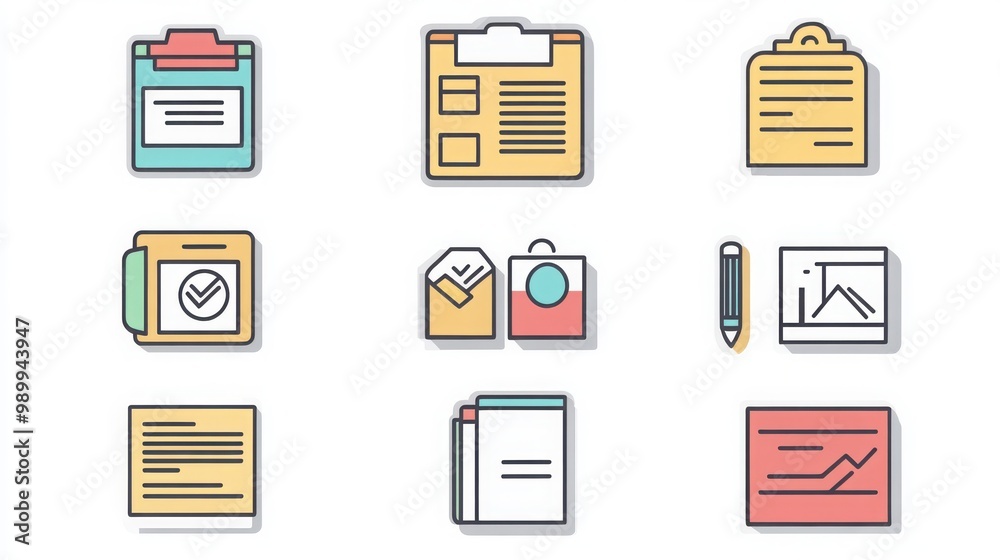 Document thin line icon set. Containing file folder, document with chart, envelope with document, signed contract, scanned document, clipboard with checklist Document thin line icon set. Containing file folder, document with chart, envelope with document, signed contract, scanned document, clipboard with checklist