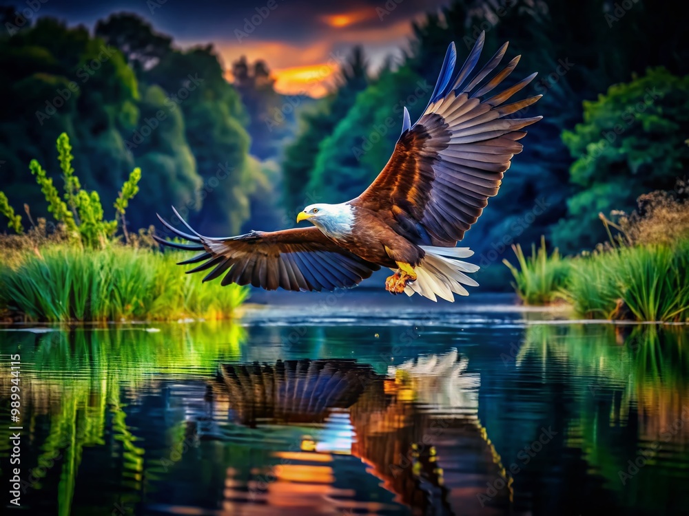 Obraz premium Majestic Fish Eagle in Flight Over Water with Stunning Reflections and Lush Greenery Surrounding It