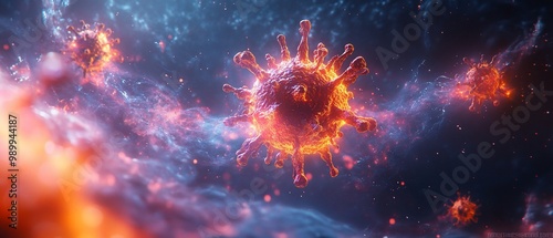 3D rendering of glowing virus particles in space.