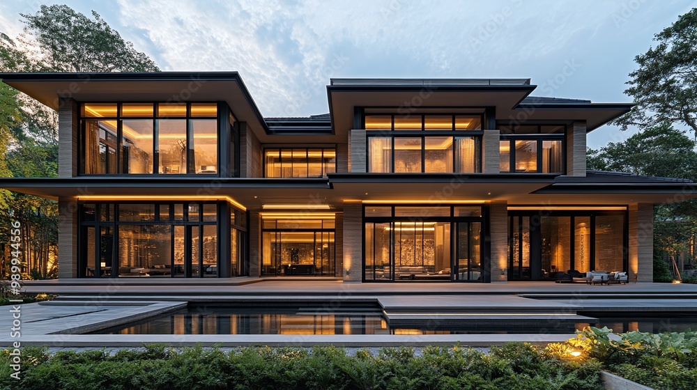 Obraz premium front view of a luxury modern asian style villa with evening light casting a beautiful glow over the symmetrical design elegant architecture and serene facade creating a stylish and peaceful home