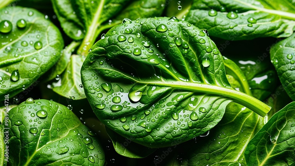 Fototapeta premium Fresh spinach with crisp water droplets closeup