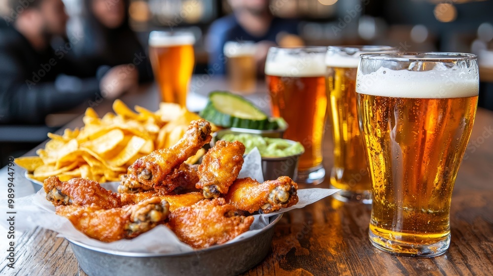 Platter of chicken wings and fries served with beer in a restaurant. Casual dining scene with food and drinks. Platter of chicken wings and fries served with beer in a restaurant. Casual dining scene with food and drinks.
