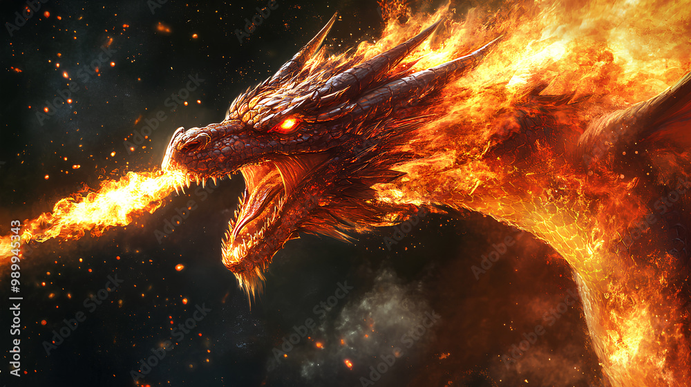 Naklejka premium A fierce dragon breathing fire, set against a dark, smoky background.