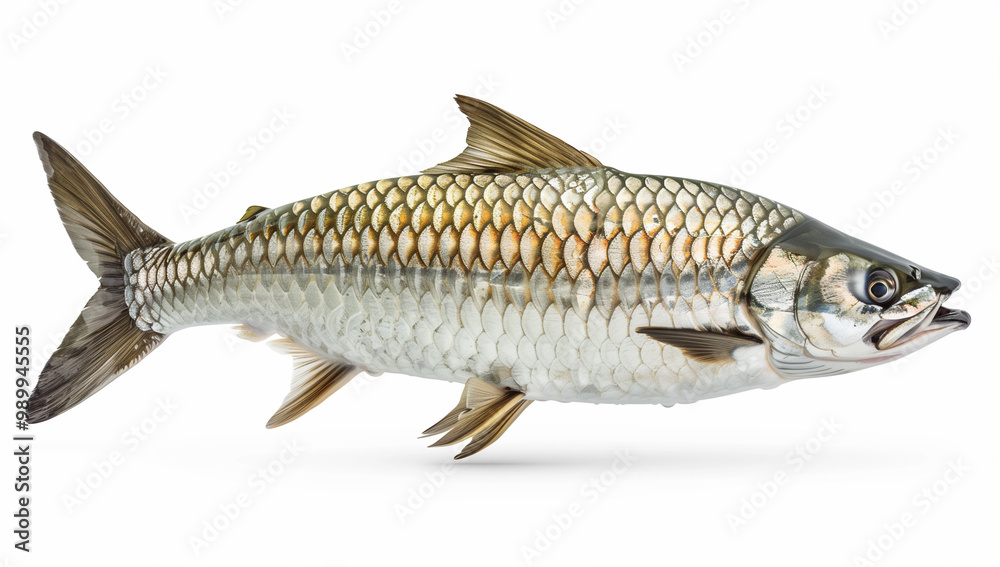Fototapeta premium A realistic, full-body silver tarpon fish with a white background.