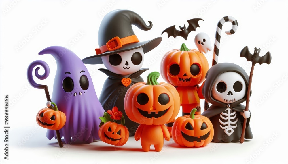 Fototapeta premium A group of cute Halloween characters including a witch, ghost, pumpkin, grim reaper and bat. The characters are all smiling and friendly, making them perfect for a festive and fun Halloween celebratio