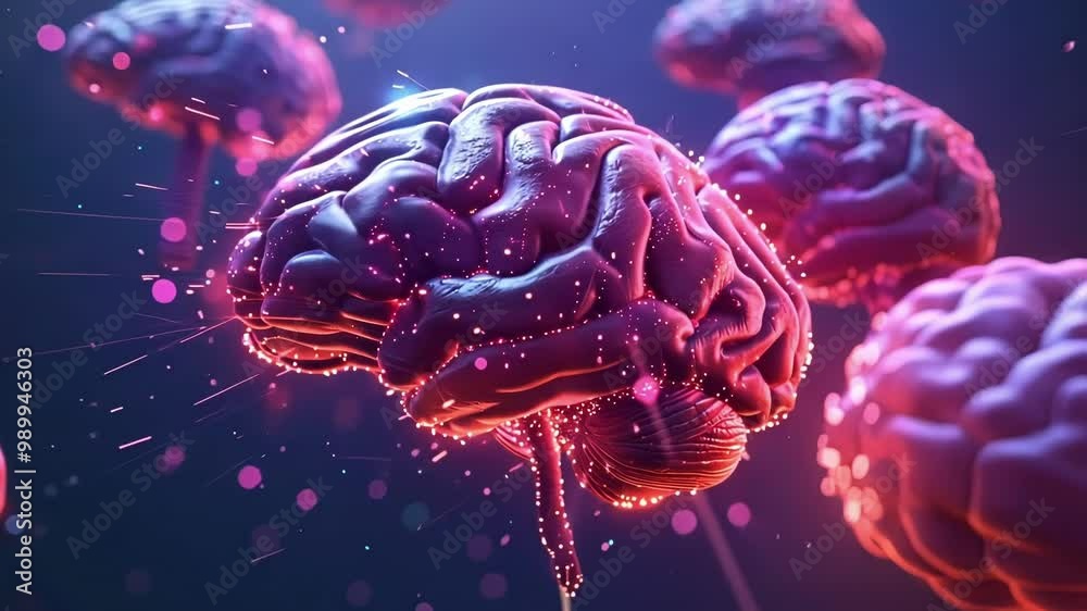 3d illustration of a human brain surrounded by others, receiving neural ...