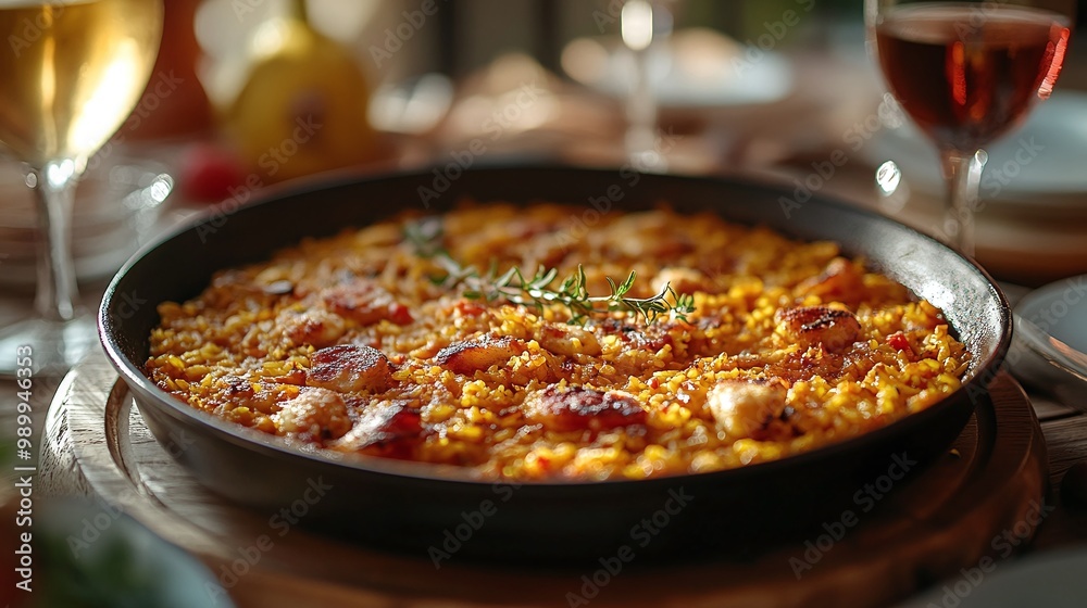 valencian specialty spanish paella rice dish served on a table filled with mediterranean flavors and traditional spanish cuisine highlighting spain's cultural dining and rich culinary heritage valencian specialty spanish paella rice dish served on a table filled with mediterranean flavors and traditional spanish cuisine highlighting spain's cultural dining and rich culinary heritage