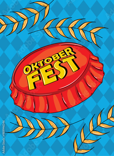 Oktoberfest beer cap with wheat and blue background, Vector
