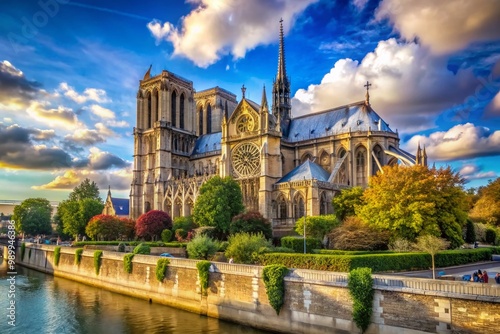 Wallpaper Mural Majestic View of Historic Notre Dame Cathedral in Paris Surrounded by Beautiful Blue Skies Torontodigital.ca