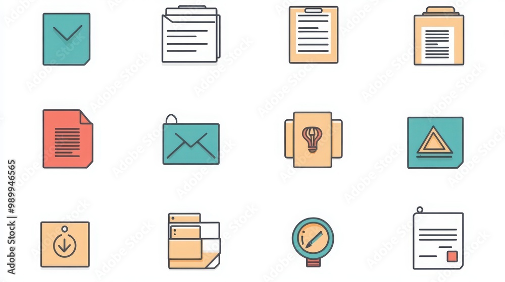Document thin line icon set. Containing signed contract, document with graph, file folder , document with attachment, envelope