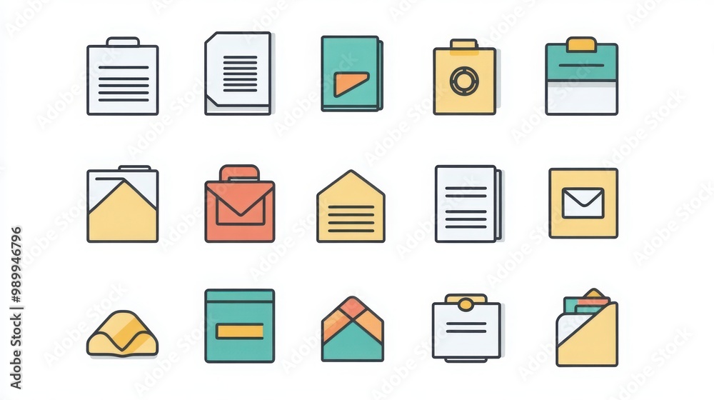 Document thin line icon set. Containing signed contract, document with graph, file folder , document with attachment, envelope Document thin line icon set. Containing signed contract, document with graph, file folder , document with attachment, envelope