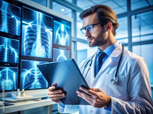 Medical Professional Analyzing X-Ray Images for Diagnosis in a Healthcare Setting with Equipment