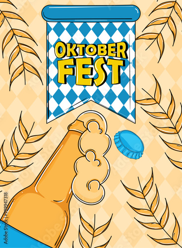 Foamy beer bottle and Oktoberfest banner celebration Vector