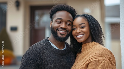 smiling african american couple buyers standing confidently outside their new home proud of their purchase and radiating happiness and joy ready to start a new life in their new residence