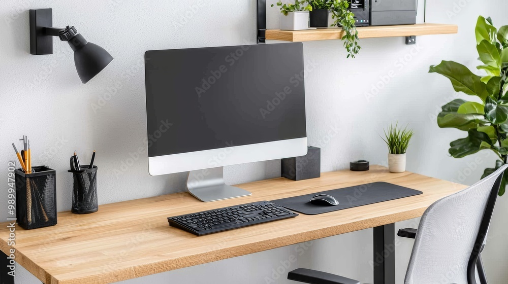 Minimalist home office with a desktop computer and decor on a wooden desk. Modern workspace setup in a bright room. Minimalist home office with a desktop computer and decor on a wooden desk. Modern workspace setup in a bright room.