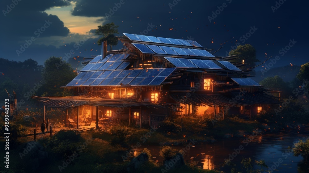 Obraz premium A house with a lot of windows and a roof made of solar panels