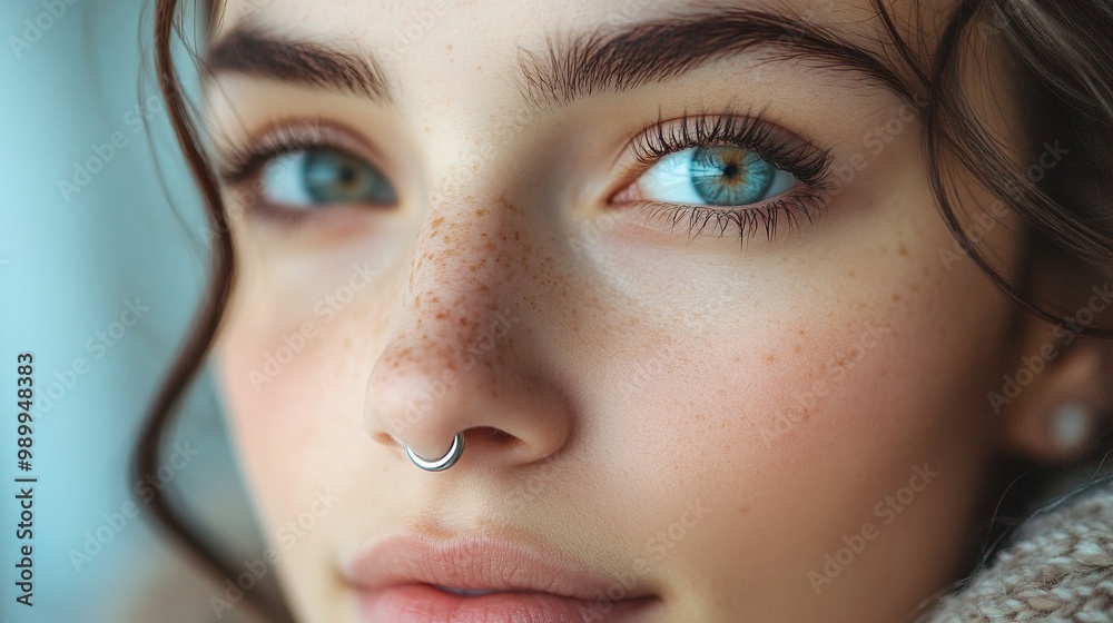 Fototapeta premium young woman nose with nose piercing closeup showing modern style and fashion, chic jewelry for an urban edgy look, highlighting her beauty and body art in the latest piercing trends