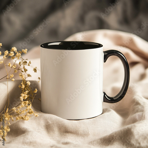 A white coffee mug on a bed with flowers