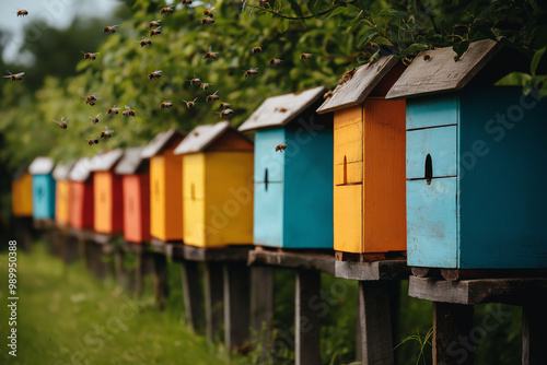 A Row of Brightly Painted Beehives in an Orchard, Surrounded by Blooming Fruit Trees: Pollination in Action