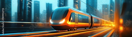 Futuristic sky train gliding through a modern cityscape, sleek design with glowing lights, representing innovation in urban transportation, high-tech and eco-friendly photo