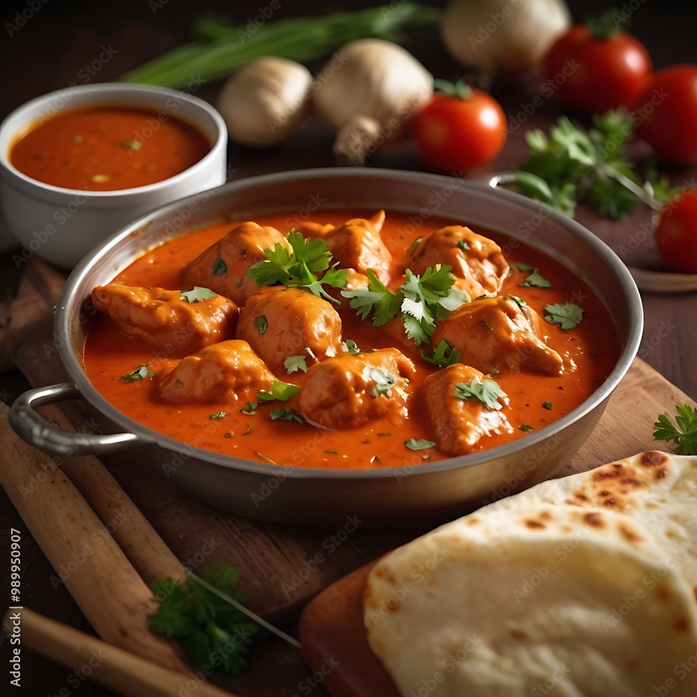 Delicious juicy tasty butter chicken dish well cooked with Tomato sauce with some vegetable served, traditional butter chicken, tasty butter chicken curry dish Delicious juicy tasty butter chicken dish well cooked with Tomato sauce with some vegetable served, traditional butter chicken, tasty butter chicken curry dish