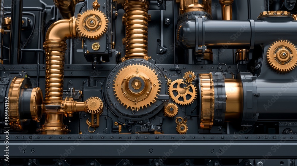 Obraz premium A close-up of steampunk machinery featuring intricate golden gears and pipes against a dark background, showcasing mechanical artistry.